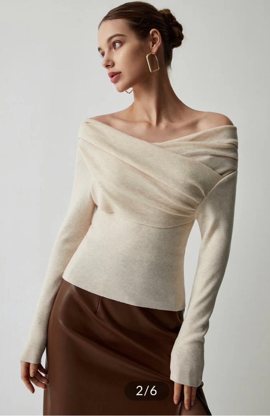 Commense Black Off Shoulder Wrap Long Sleeve Sweater Knit Top, Size medium